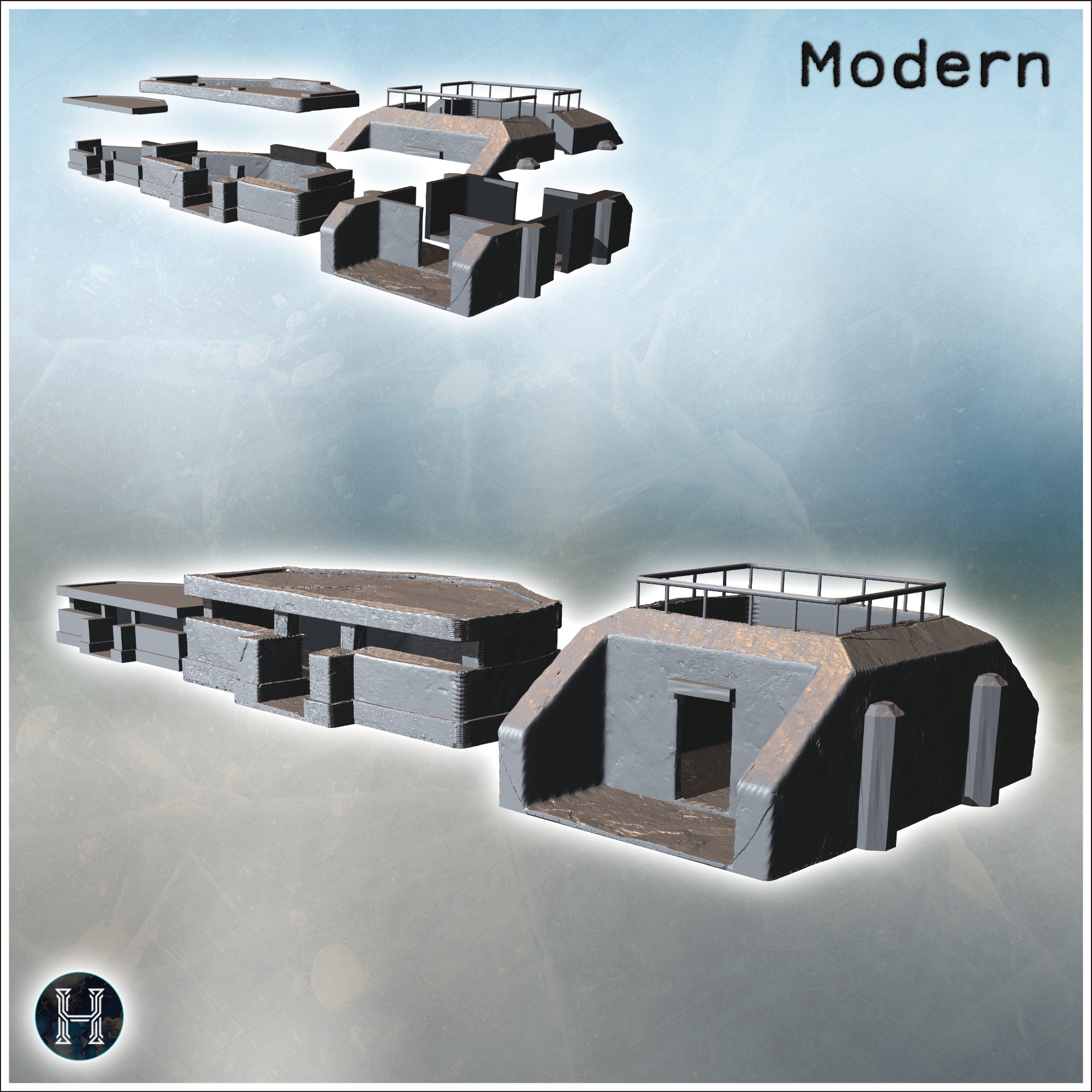 Three modern, flat-roofed bunkers with reinforced walls, featuring an observation deck (15) - Modern WW2 WW1 World War Diaroma Wargaming RPG Mini Hobby